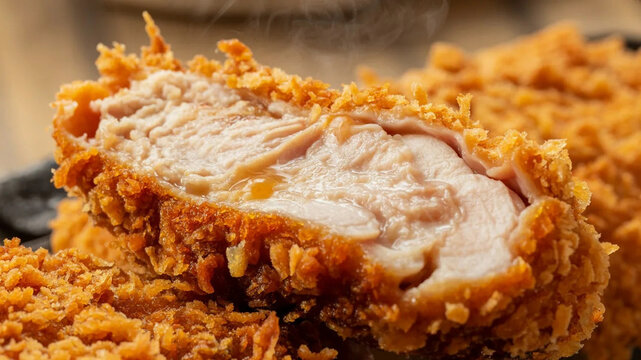 Crispy fried chicken cutlet close-up, golden breaded meat texture, savory comfort food background for menus