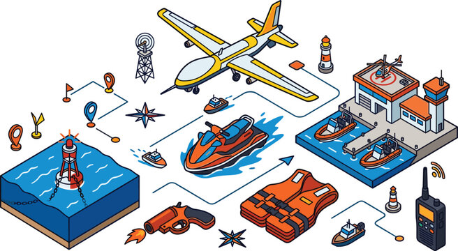 Isometric coast guard search and rescue operation vector illustration featuring drone airplane base jet ski flare gun life jacket navigation elements isolated on white background