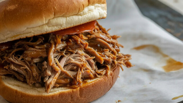 Pulled pork sandwich close up, shredded barbecue meat on bun with sauce, rustic comfort food for menu and ads