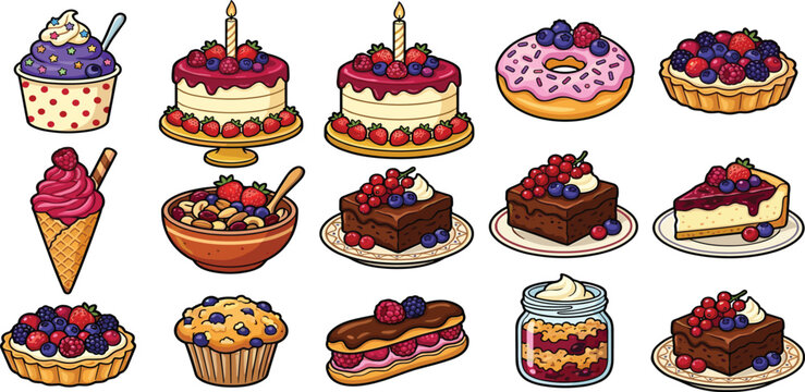 Bakery pastry illustration set with delicious cheesecake strawberry cakes blueberry cup muffins mousse desserts and mixed berry snacks vector graphic collection