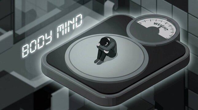 Body Mind Weight Scale Concept Illustration with Depressed Figure
