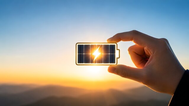 Solar power infrastructure with hand holding photovoltaic battery for renewable energy investment and corporate sustainability