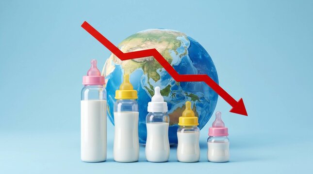 Global Birth Rate Decline Concept with Baby Bottles and Red Arrow