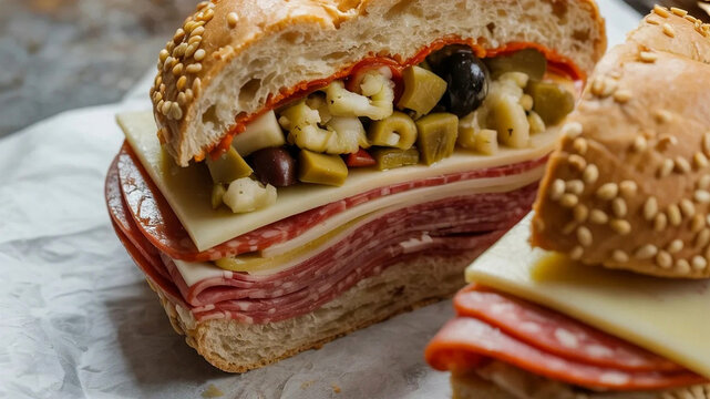 Gourmet sandwich with salami and ham layers, sesame bun deli sub with melted cheese, close-up food photography