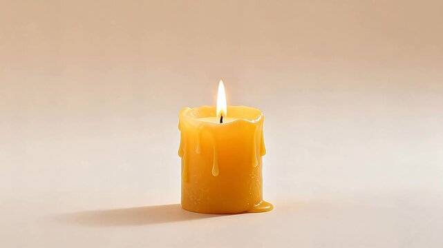 Burning yellow candle with melted wax
