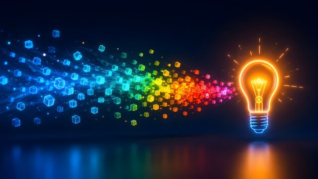 Data driven innovation concept featuring a glowing lightbulb absorbing colorful digital cubes representing creative processing and business intelligence