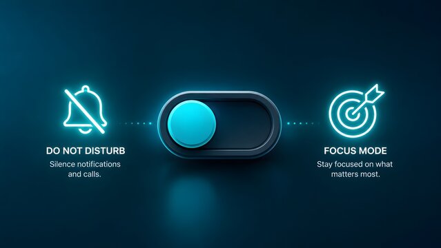 Focus mode activation interface with neon do not disturb and target icons representing workflow optimization and digital distraction management