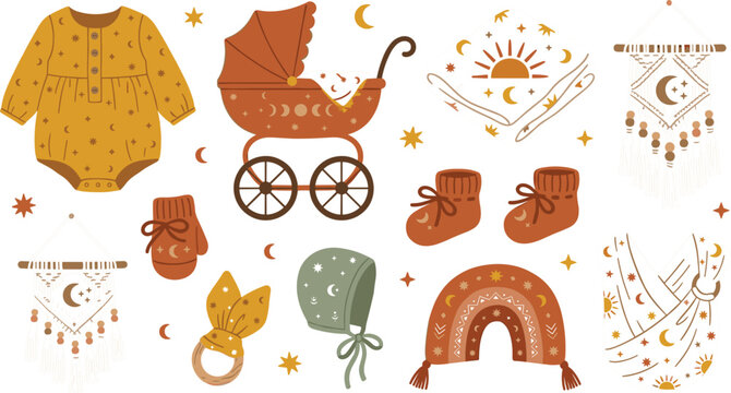 Boho Baby Shower Element Collection with Cute Clothes, Stroller, Macrame, Rainbow, and Celestial Star Patterns for Nursery Decor, Invitation Cards, and Digital Designs