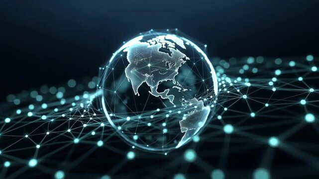 Glowing digital Earth with connected points shown in futuristic style on dark background, concept of global communication