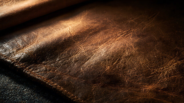 Textured Leather Surface: Close-up of a rich, textured brown leather surface, showcasing its natural grain and subtle highlights, suggesting luxury and craftsmanship.