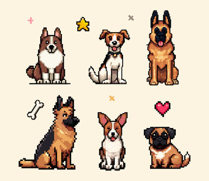 Pixel dogs. Cute doggy breeds 8 bit game art, adorable puppy baby pet domestic animal canine friend retro arcade gaming ui icons cartoon puppies dog breed set vector illustration