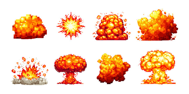 Pixel explosion. Fire boom 8bit retro arcade game effect blast burst heat hot flame bang pow cosmic nuclear attack war firework flash star explode smoke cartoon vector illustration