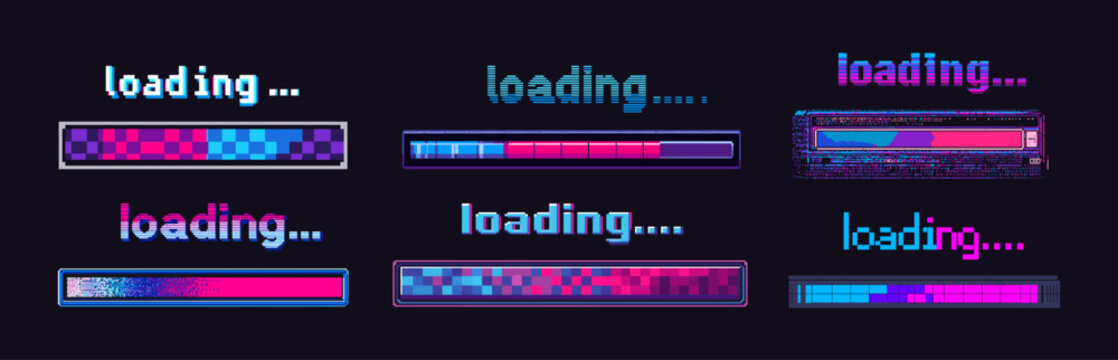 Pixel loading bars. 8bit game loader, retro arcade machine interface upload progress glitch bar video download neon indicator level gauge ui coming soon status vector illustration