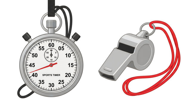 Stopwatch, sports whistle, timer, referee tools isolated on White Background