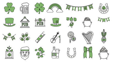 Naklejka premium A collection of St. Patrick's Day themed icons including shamrocks, leprechauns, rainbows, beer mugs, and pots of gold.