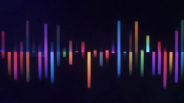 Colorful glowing vertical light bars in abstract style on dark background, concept of audio visual equalizer lights