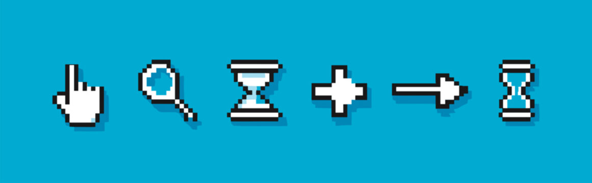 Retro cursors. Old computer pixel cursor, mouse click hand finger pointer arrow loading hourglass search windows game 8 bit icon button point link select choose vector illustration