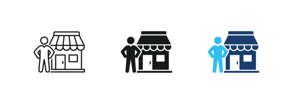 Businessman standing in front of shop building vector icon set, small business owner and marketplace retail store, vector illustration
