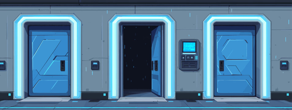 Spaceship gates. Spacecraft corridor doors entrance futuristic interior, space ship metal door shuttle lab portal control panel wall open closed station vector illustration