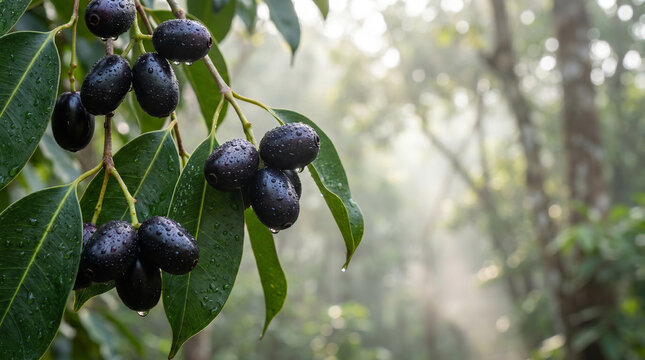 Macro photography of ripe Jamun berries covered in morning dew.