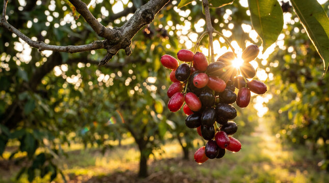 Golden hour light catches the curved surfaces of individual berries, creating intense rim lighting that defines the shape of the entire fruit cluster.