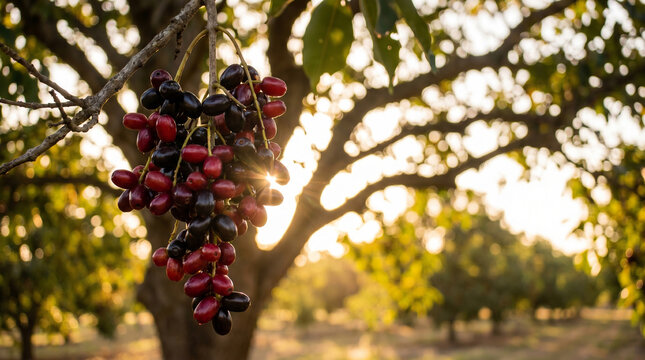 A dramatic, low-angle perspective focusing on a heavy cluster of Jamun berries hanging in the wild, illuminated by a striking sunstar breaking through the fruit.