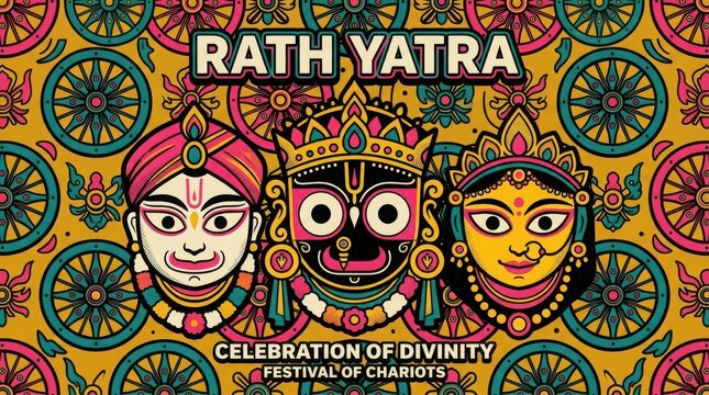Colorful illustration of rath yatra festival with deities and chariot wheels.