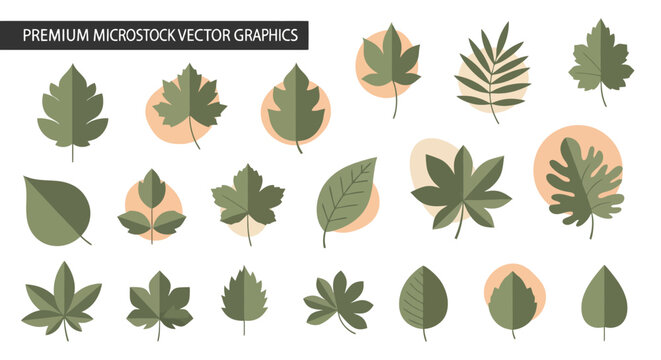 Collection of stylized green leaves with abstract circular shapes in pastel colors, representing nature and botanical elements.