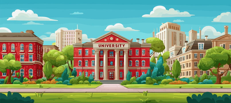 University campus landscape. School building city park, student entrance court street exterior house garden education academy museum town skyline background vector illustration
