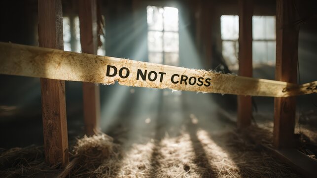 Tattered caution tape marked 'Do Not Cross' stretches across an abandoned, sunlit scene. The setting evokes mystery and highlights the aftermath of an incident.