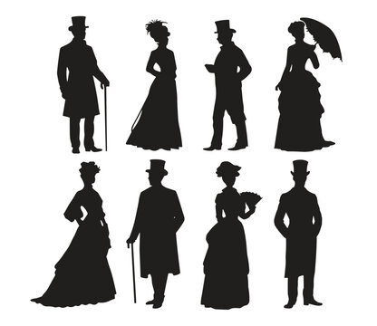 Victorian people silhouettes. Gentleman lady 19th century dress, vintage old european suit hat costume man hold cane woman with umbrella fan aristocrat fashion vector illustration
