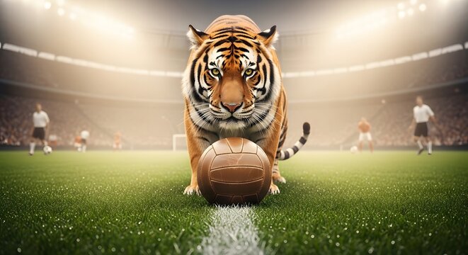 Tiger on rugby field with ball
