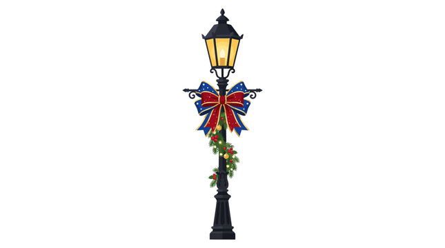 Christmas street lamp, decorated pole with red bow, holiday lighting, festive decoration, lamp post ornament