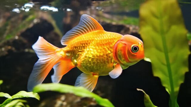 Orange goldfish swimming in a planted freshwater aquarium with natural green foliage