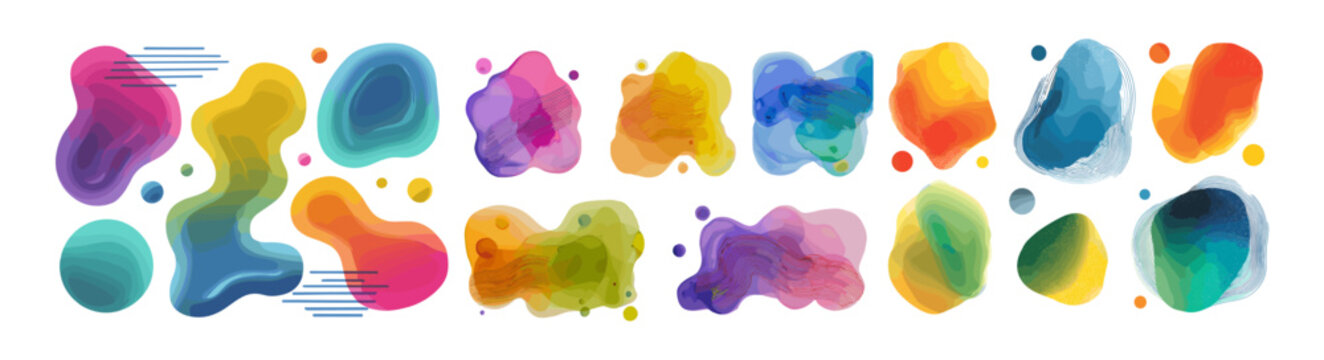 Watercolor abstract blobs. Paint stain shape, brush drop pastel stroke splash liquid color circle dot spot blot aquarelle rough palette grunge artistic splatter vector illustration