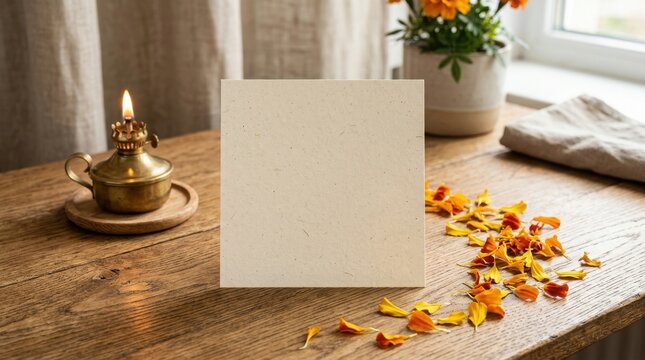 Blank square paper card mockup on wooden table with burning brass oil lamp and scattered marigold petals for greeting.
