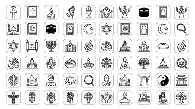 Religious faith and sacred architecture line icon set.