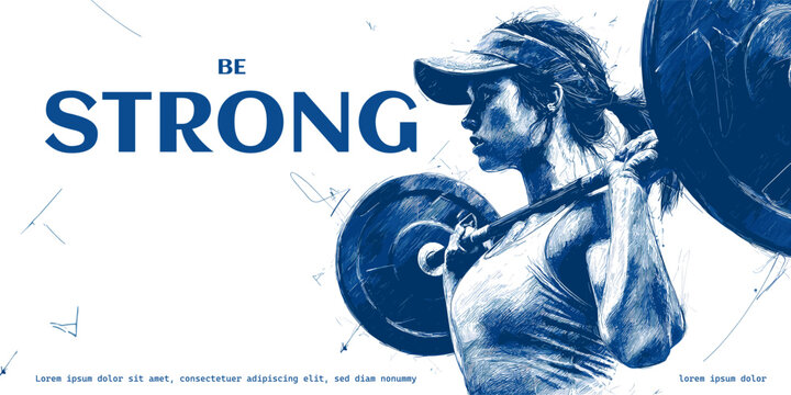 Woman barbell sketch. Fitness gym advertising banner, strong girl female athlete muscle body workout training weight lift exercise power sport drawing design vector illustration