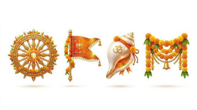 Set of indian cultural and religious symbols: chakra, flag, conch shell, and flower garland.