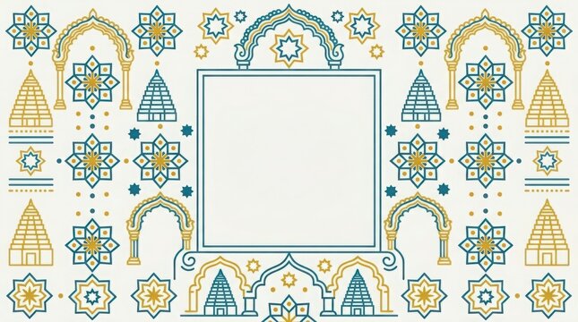 Intricate hindu temple chariot decorative pattern with arches and pyramid motifs in gold and teal on white background.