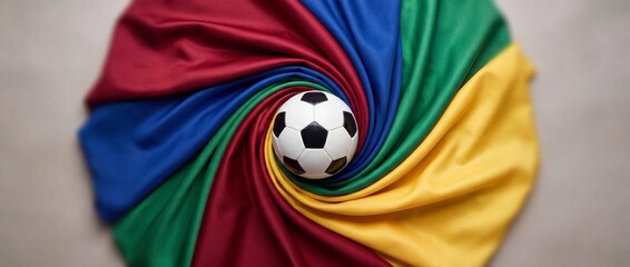 Naklejka premium Soccer ball placed on colorful fabric arranged in a spiral pattern symbolizing sports competition and vibrant energy with a focus on athletic activity