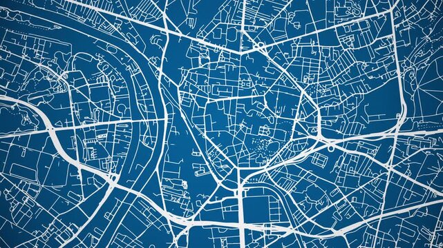 Ink reveal animation of Saint-Denis, R&eacute;union, France grid map. Aerial top view. Blueprint style. White lines with blue background. 4K Seamless loop.