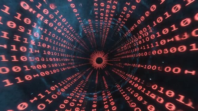 Red binary digits forming a tunnel in digital style on dark background, concept of data flow and cybersecurity