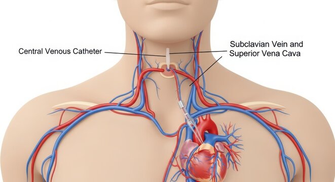 Medical illustration of a central venous catheter in the human chest illustration
