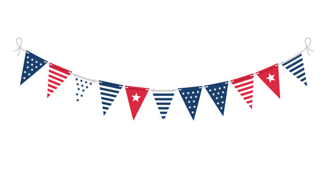 Patriotic bunting flags, American flag garland, red white blue pennants, festive holiday decoration