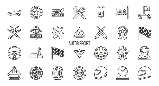 A comprehensive collection of line art icons representing various aspects of auto racing and motorsport.