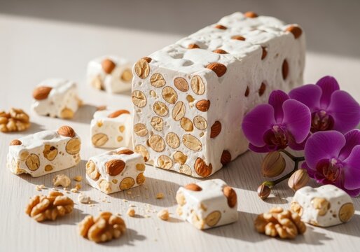 Artisanal Nougat Bars Loaded With Mixed Nuts and Almonds Displayed With Purple Orchid Accents