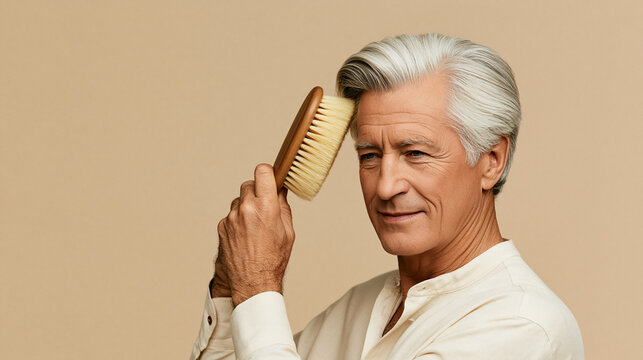 Mature man with grey hair brushing his hair with a wooden brush. Senior male grooming and styling hair against a beige background. Personal care and hygiene concept
