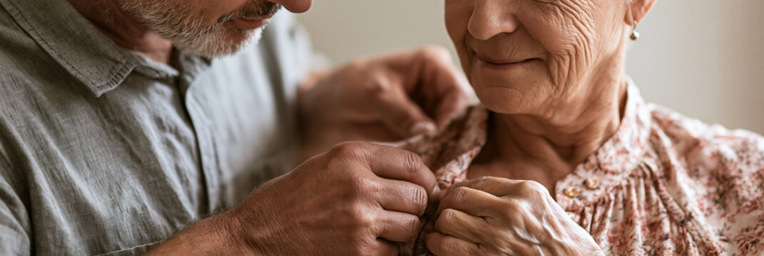 Close up of older man helping senior woman button her floral shirt. Elderly husband assisting wife with getting dressed. Caregiving and senior support concept