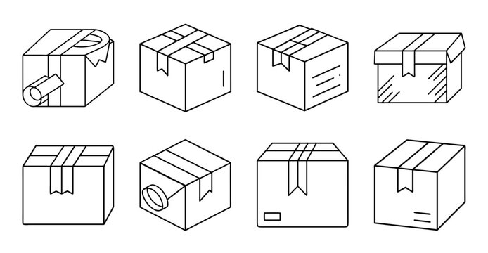 Flat pack boxes and parcels set illustration - Colorful set of flat pack boxes, parcels, and shipping icons in vector style for packaging and delivery designs.